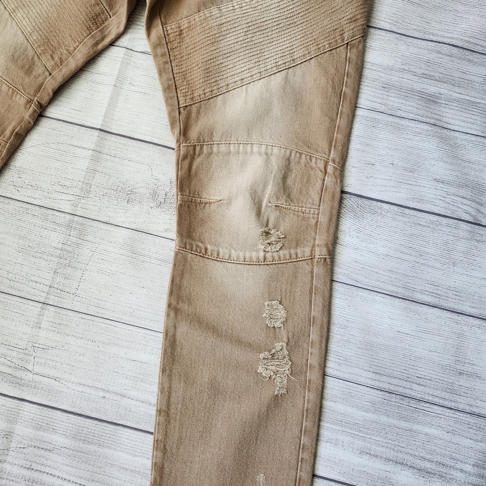 Men's Biker Slim Distressed Jeans (Tan/Taupe Wash) - Picture 3 of 16